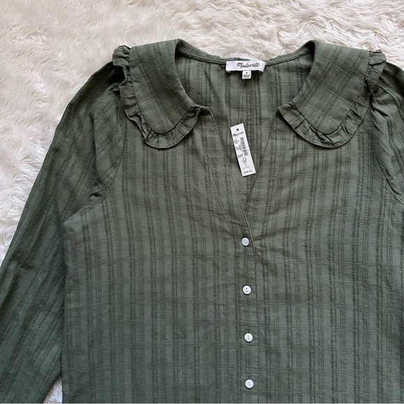 Madewell Top Ruffle-Collar Button-Up Shirt in Syril Plaid Faded Palm 0 NWT New - Picture 6 of 12